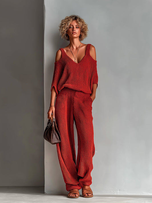 Chic Elegant Red V-Neck Half-Sleeve Cutout Details Loose-Fit Sweater Wide-Leg Pants Knit Two-Piece Set