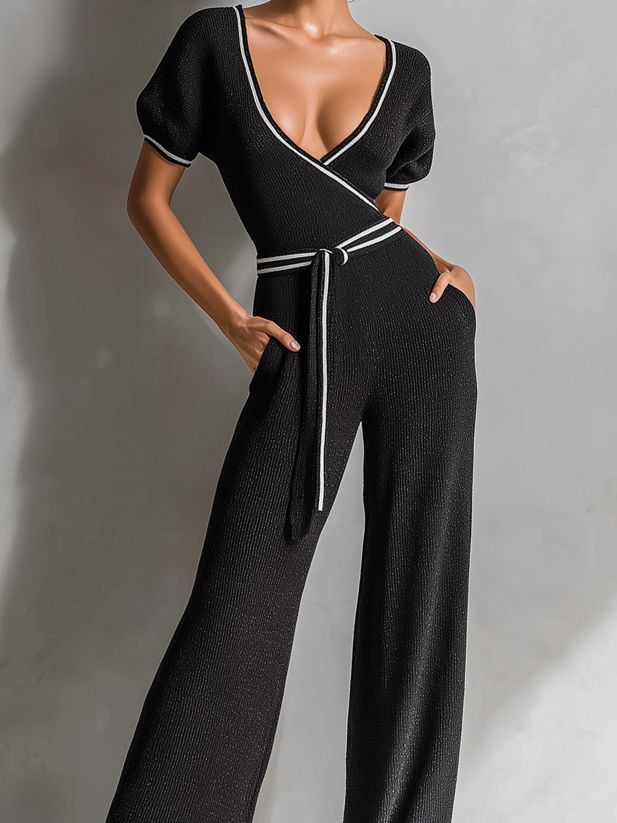 Chic Elegant Black Deep V-Neck Short Sleeve Contrast Trim Cross-Front Slim-Fit Wide-Leg Ribbed Knit Jumpsuit