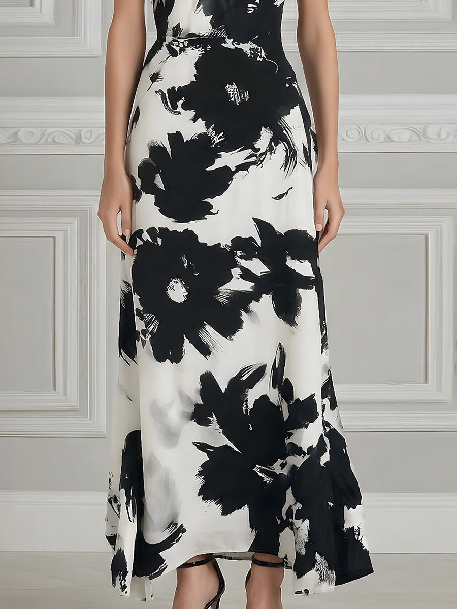 Halter Neck Monochrome Floral Sleeveless Maxi Dress