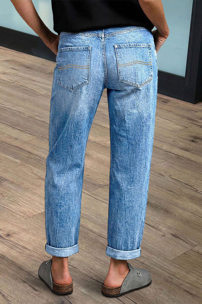 Wash Patch Pocket Dual Button Mid Rise Barrel Leg Crop Jeans