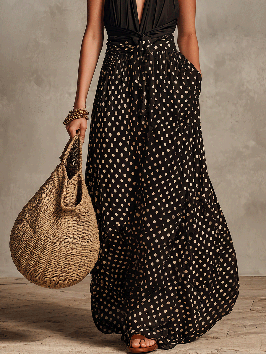 Robe longue élégante bohème à pois et dos nu