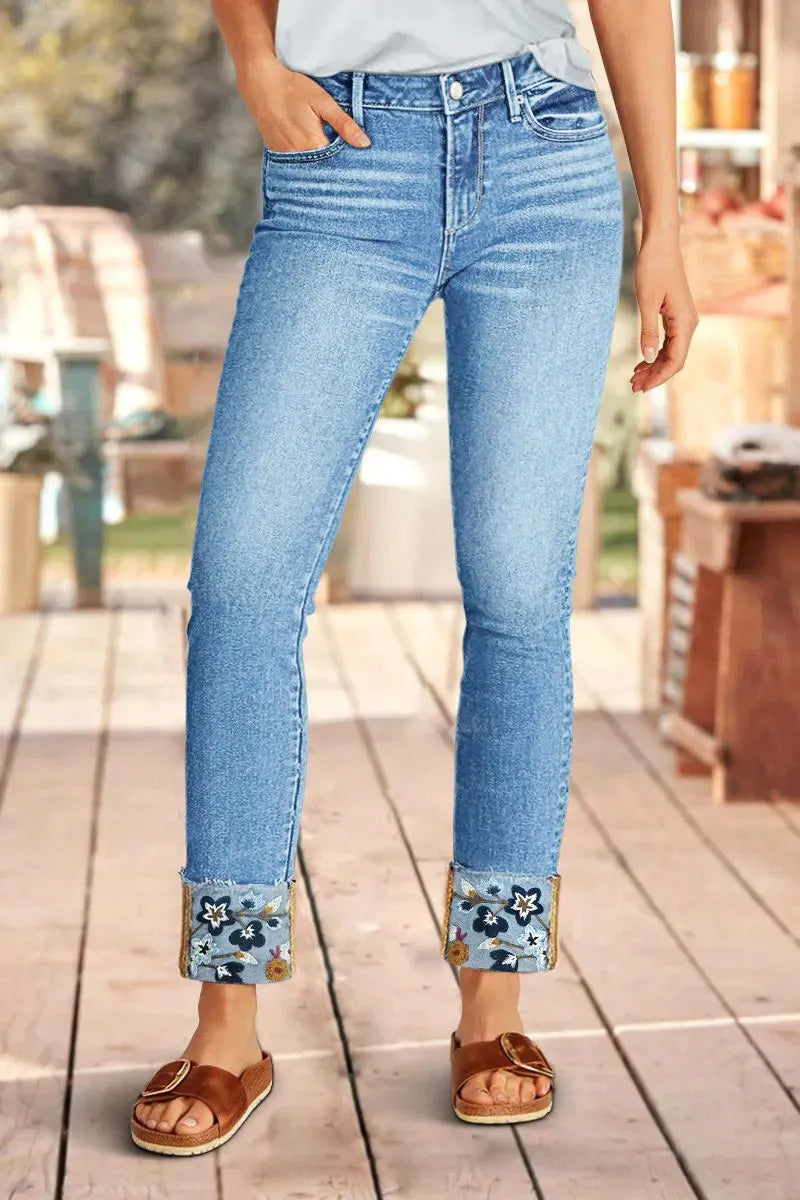 Roll Hem Floral Embroidery Mid Waist Straight Leg Crop Jeans