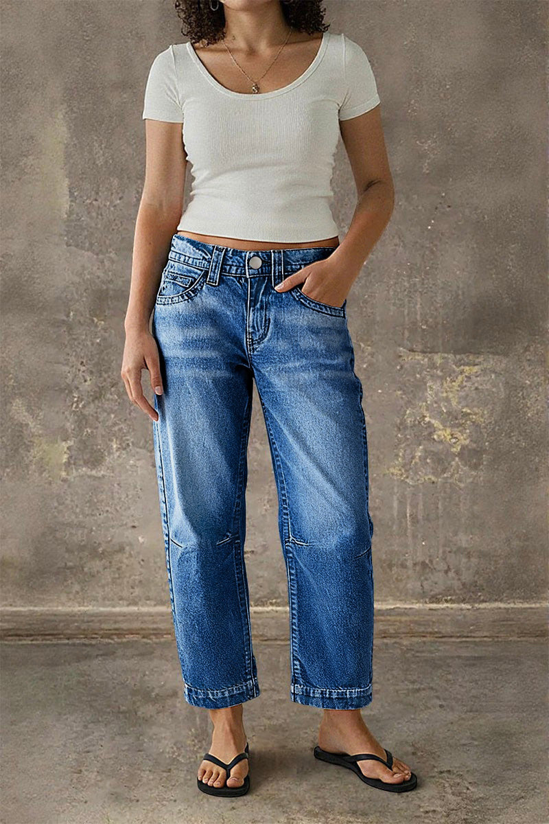 Stitch Detail Mid Waist Straight Leg Crop Jeans