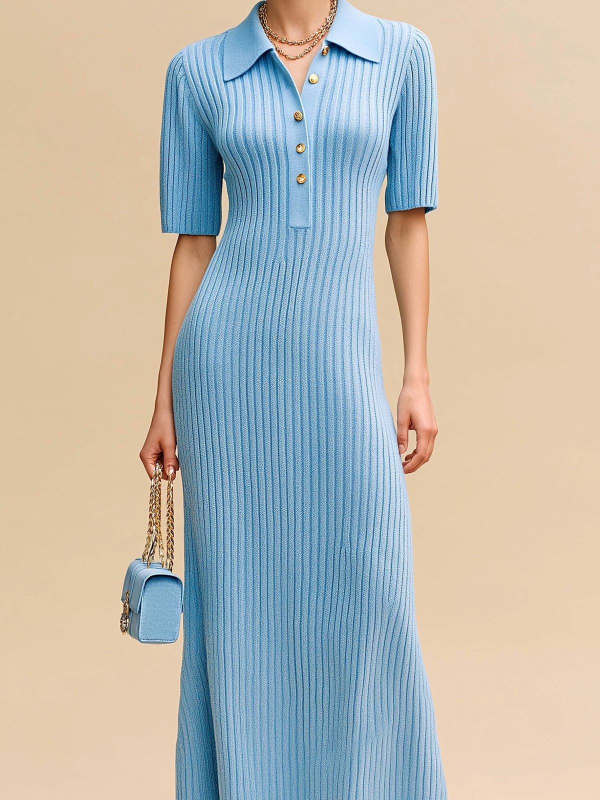 Chic Elegant Blue Lapel Collar Button-Front Short-Sleeve Slim-Fit Flare Hem Ribbed Knit Maxi Dress