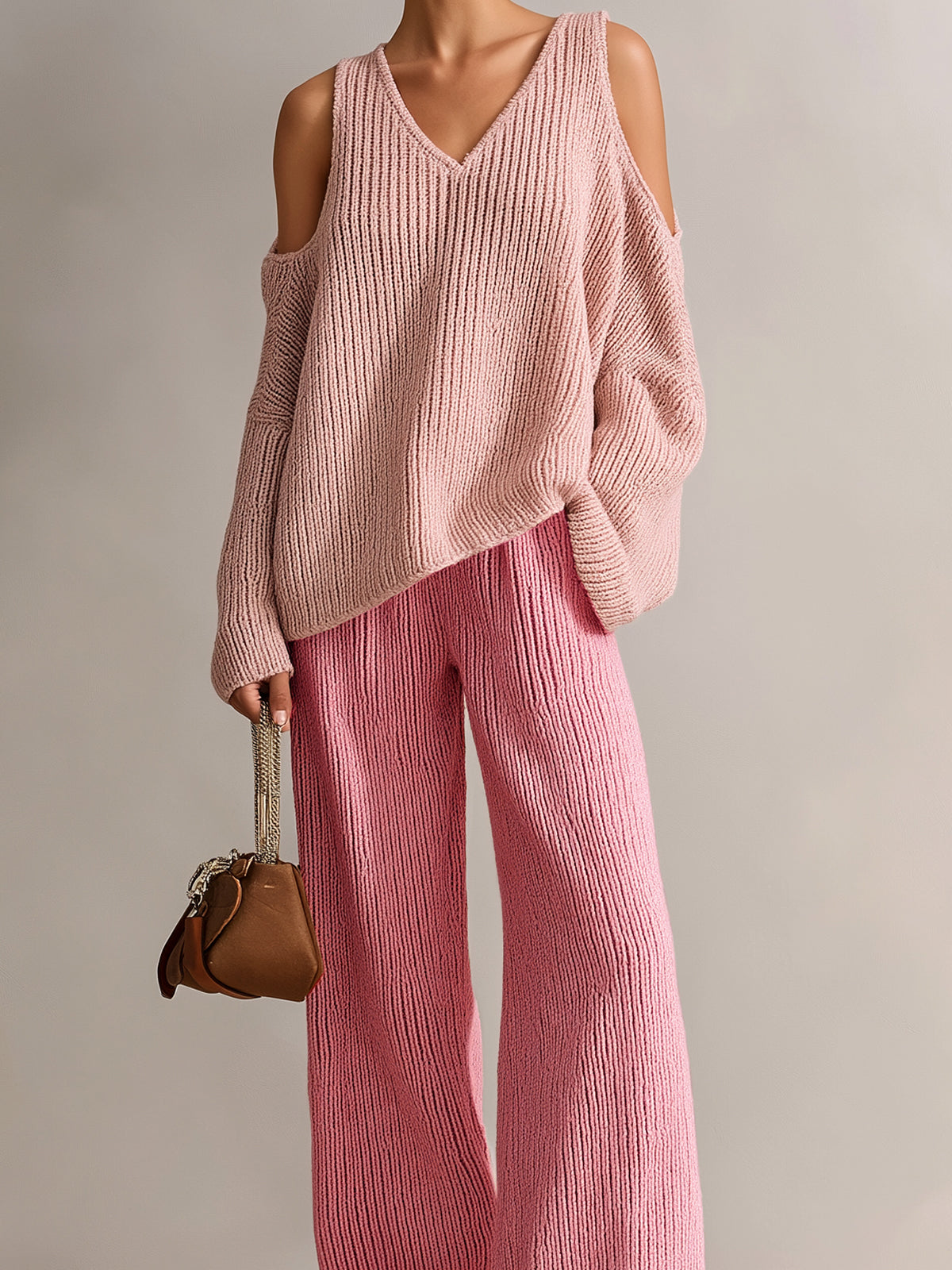 Chic Elegant Pink Colorblock V-Neck Long-Sleeve Cutout Details Loose-Fit Sweater And Wide-Leg Pants Ribbed Knit Two-Piece Set