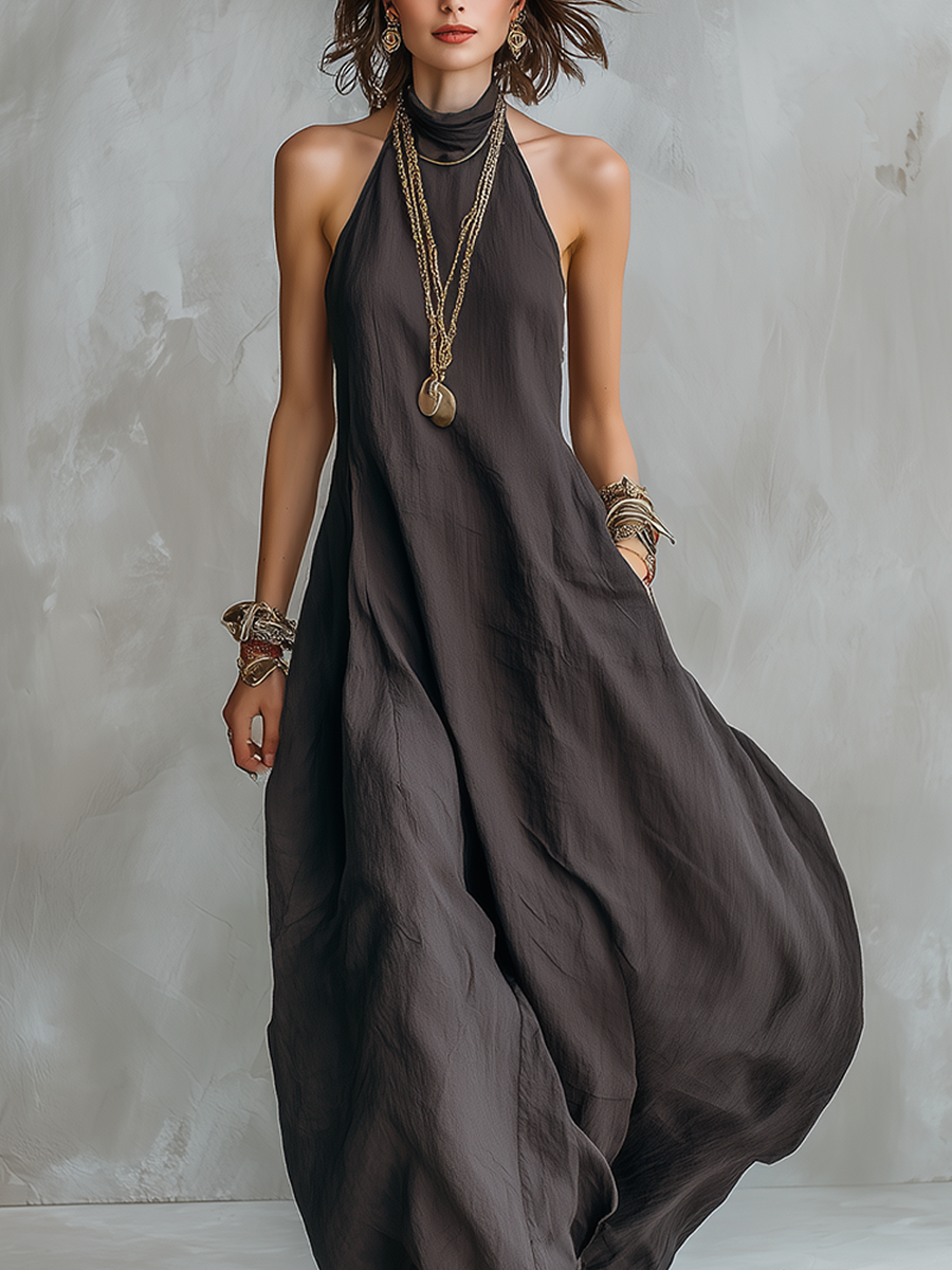 Robe longue bohème ample gris anthracite à épaules dénudées