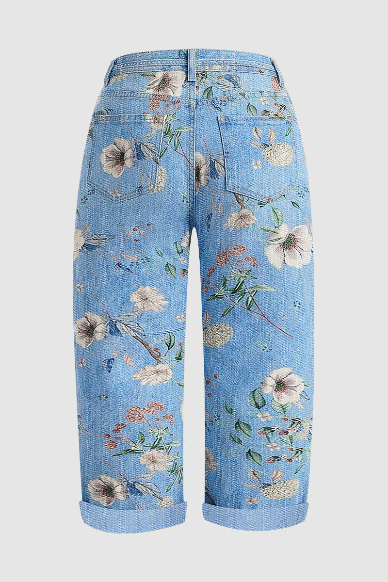 Floral Pattern Drawstring Stitch Detail Mid Waist Barrel Leg Capri Jeans