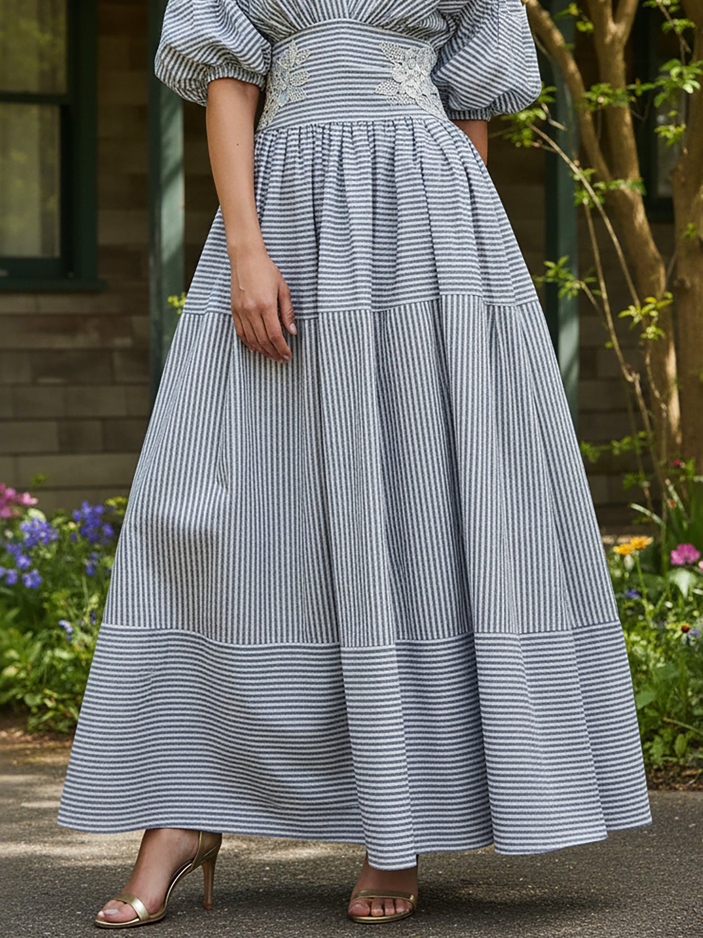 Robe longue en coton, demi-manches, col en V, à carreaux, dentelle, vintage, bleue