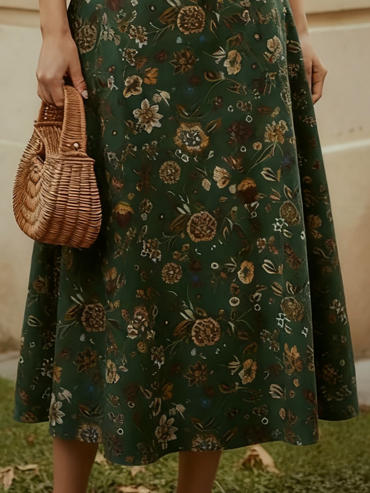 Jupe midi en lin, fleurie, poches, vintage, vert