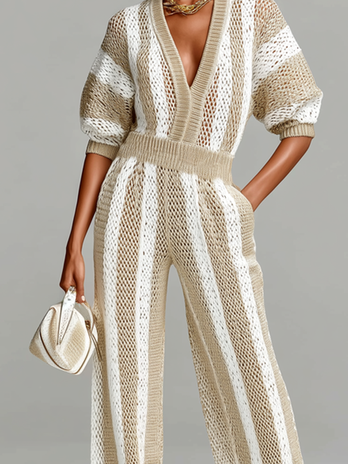 Stylish Elegant White-Beige Striped Mesh V-neck Short-Sleeve Loose-Fit Wide-Leg Ribbed Knit Jumpsuit