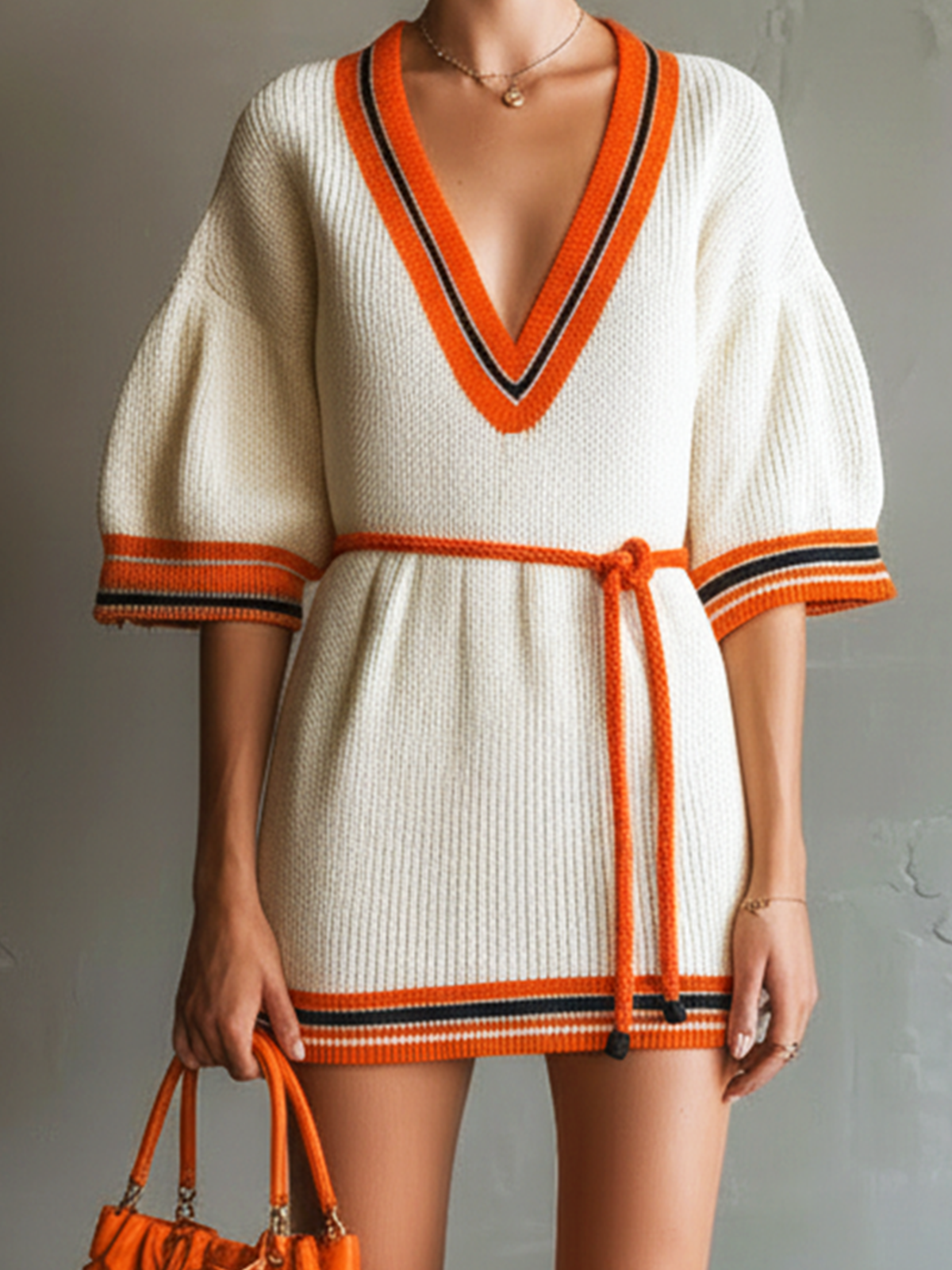 Stylish Elegant Off-White Colorblock V-Neck Short-Sleeved Waist Tie Loose Ribbed Knit Mini Dress