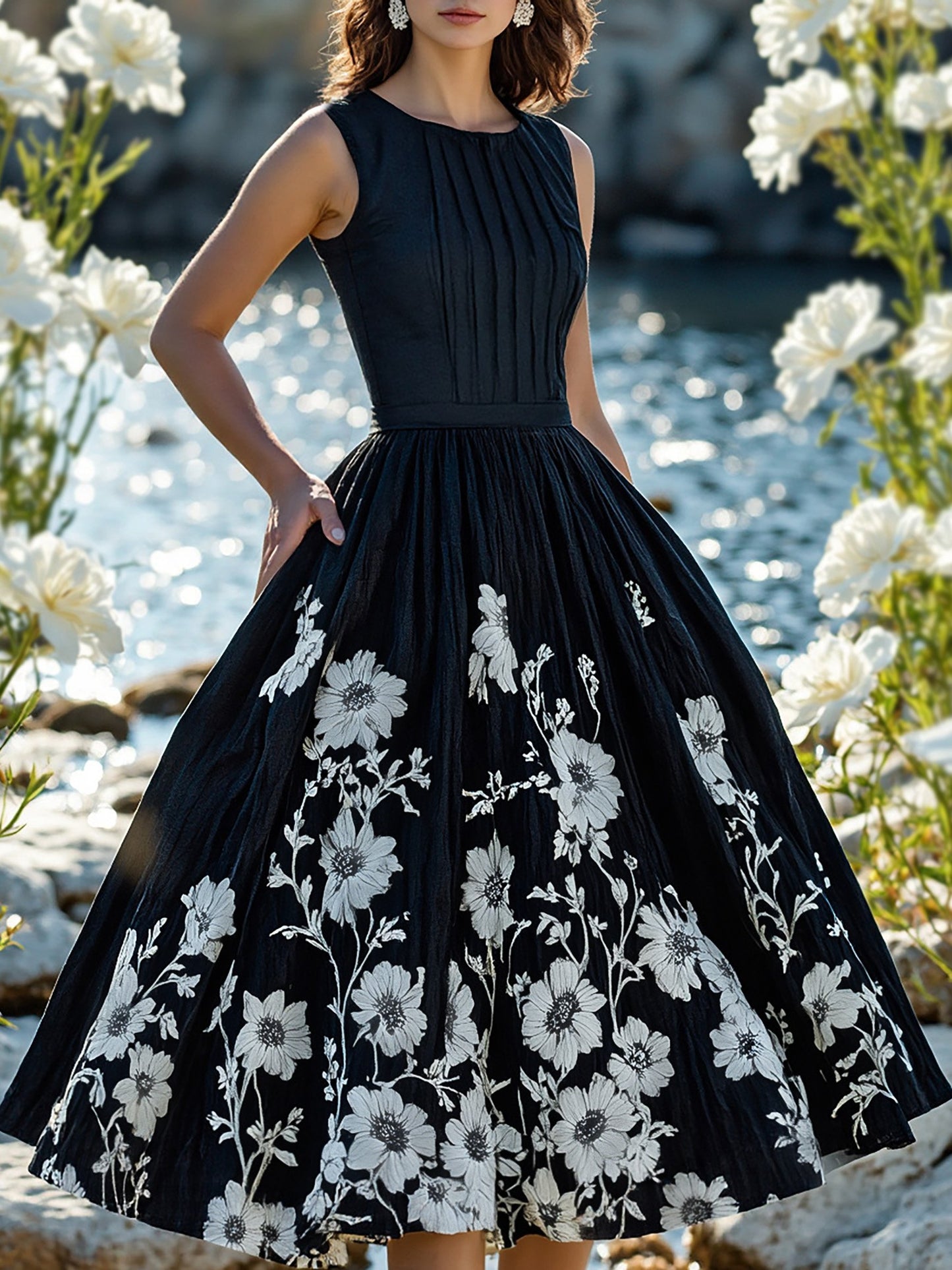 Robe mi-longue en lin, sans manches, col rond, florale, vacances, vintage, blanche