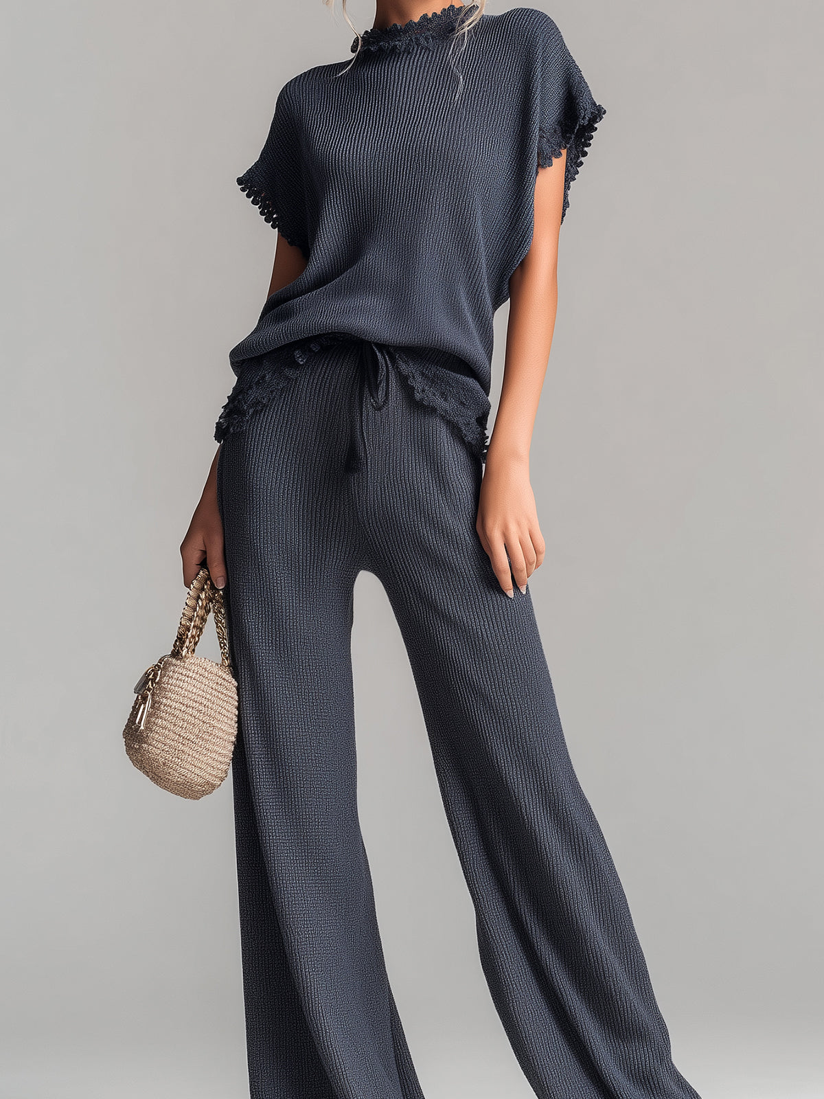 Chic Elegant Dark Gray Round Neck Short-Sleeve Loose-Fit Sweater Wide-Leg Pants Lace Details Ribbed Knit Two-Piece Set