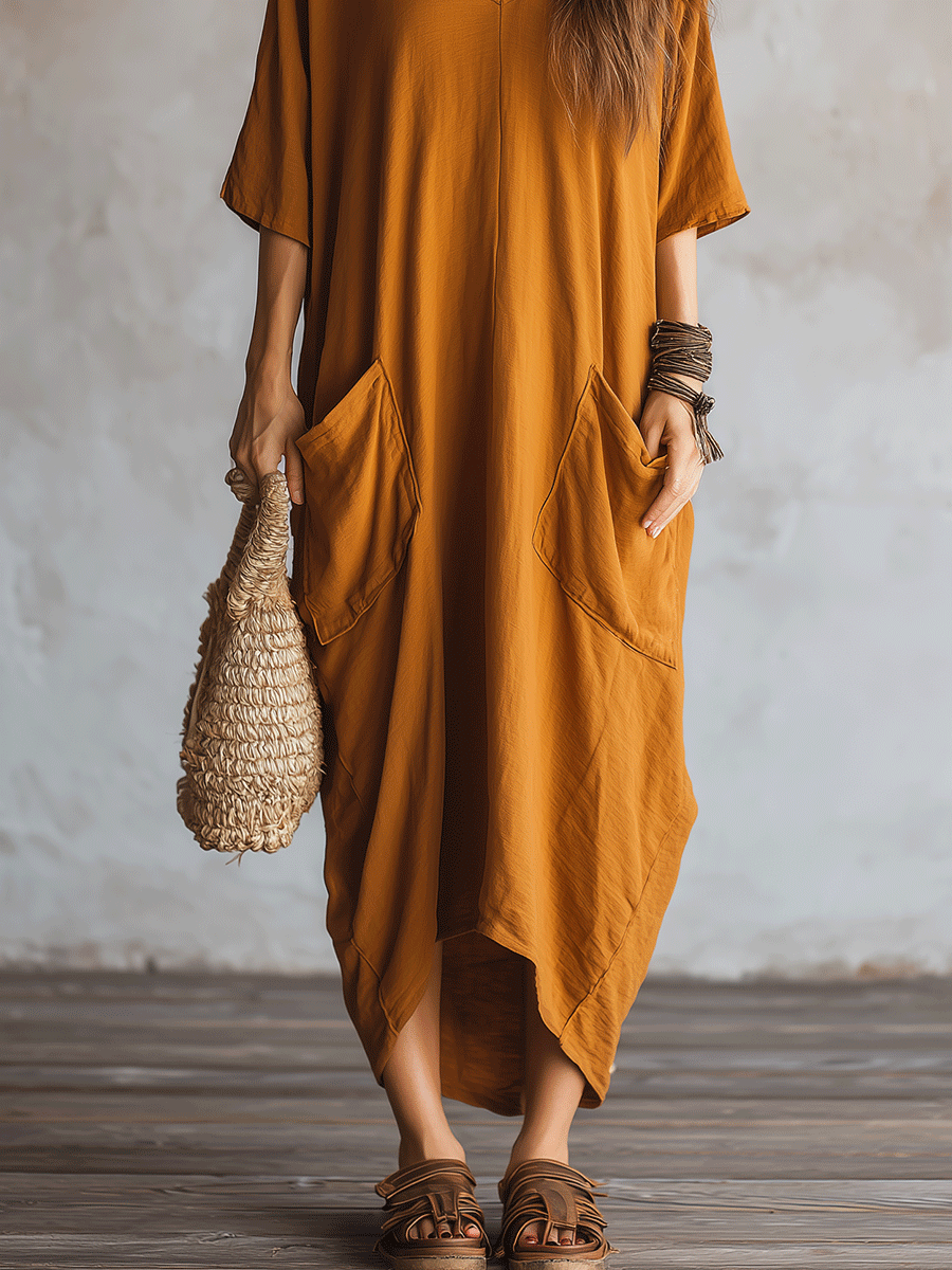 Robe longue bohème oversize moutarde à poches