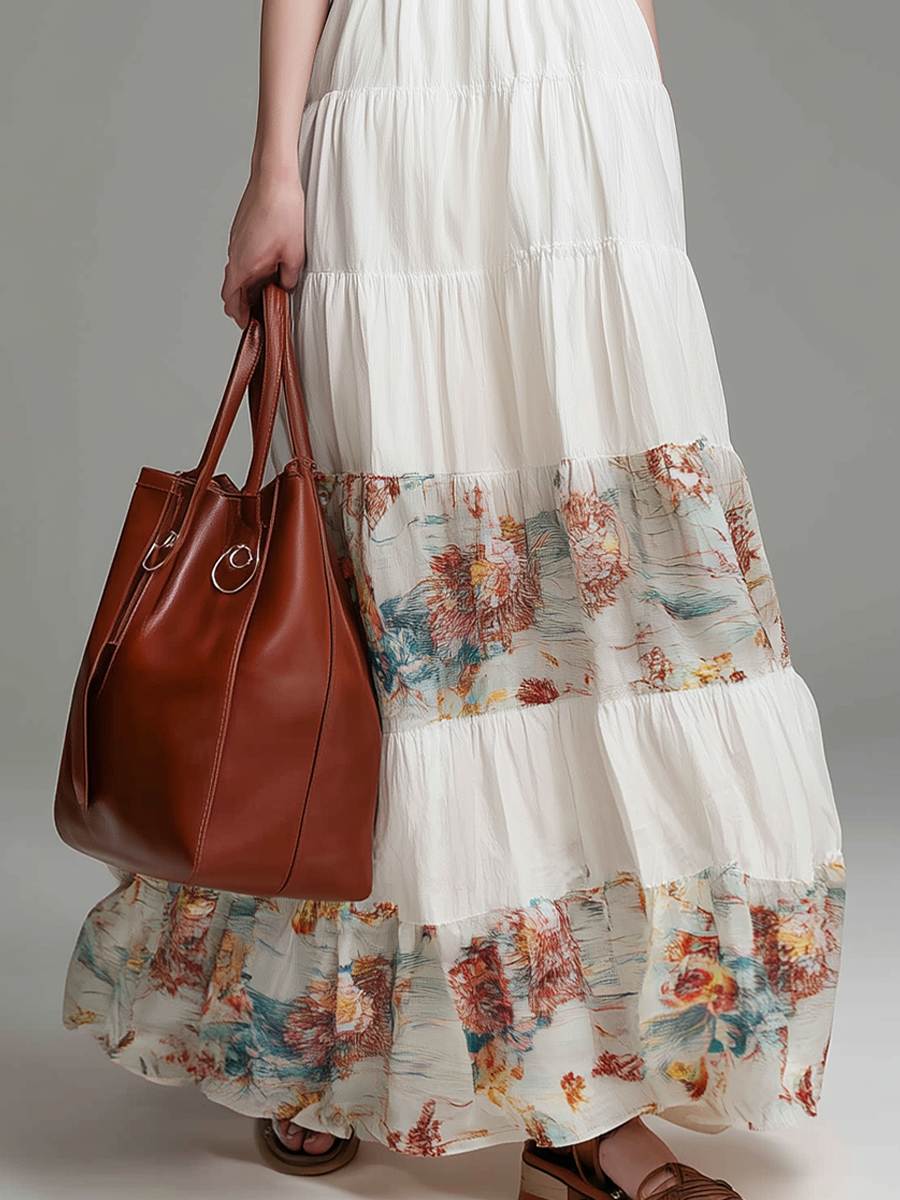 Robe longue élégante à licou et à panneaux imprimés