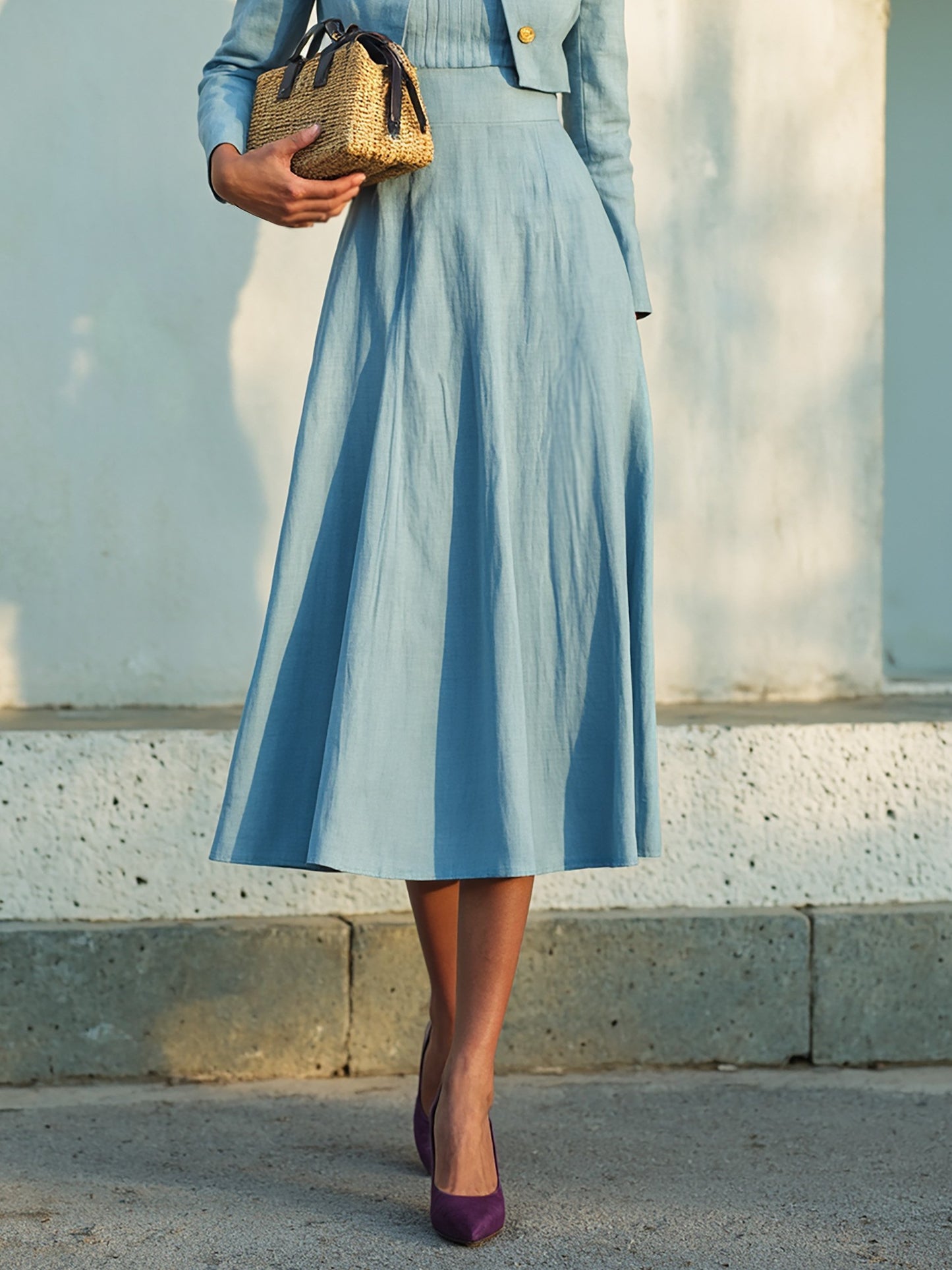 Ensemble robe midi en coton, manches longues, col rond, unie, boutonnée, style vintage français, bleue