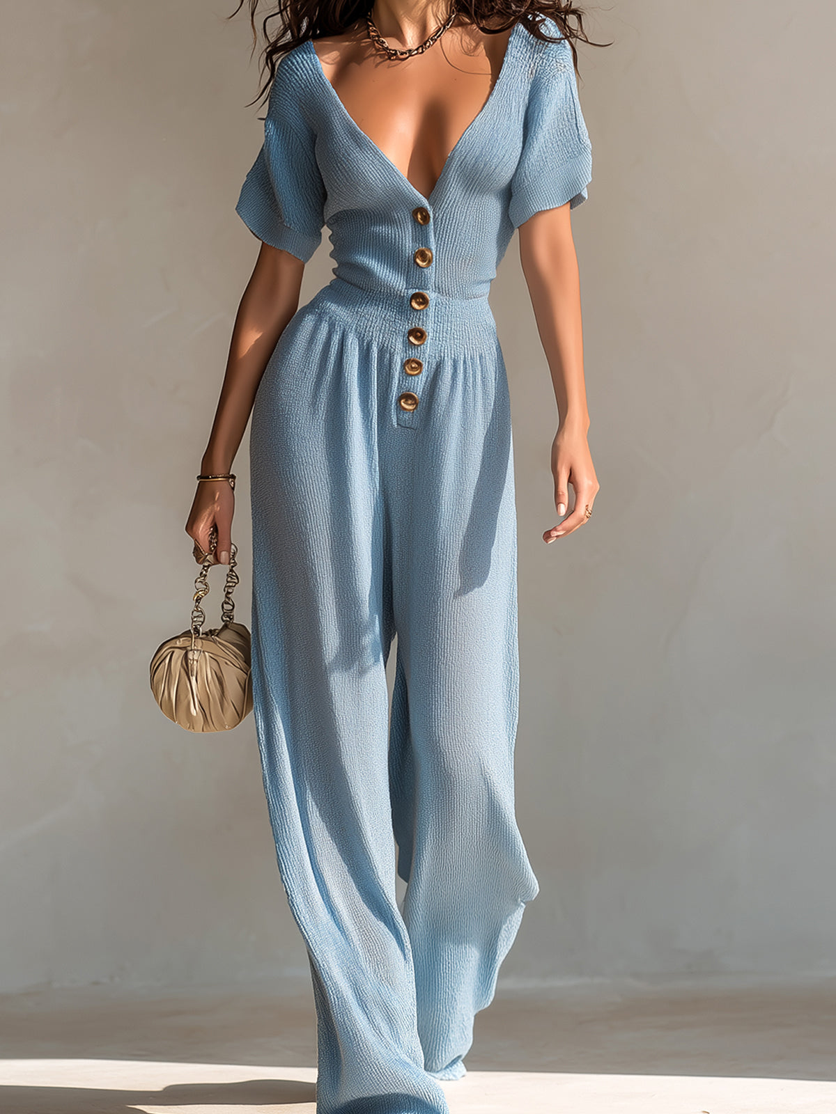 Chic Elegant Blue Deep V-Neck Button-Front Short-Sleeve Tailored Waist Wide-Leg Ribbed Knit Jumpsuit