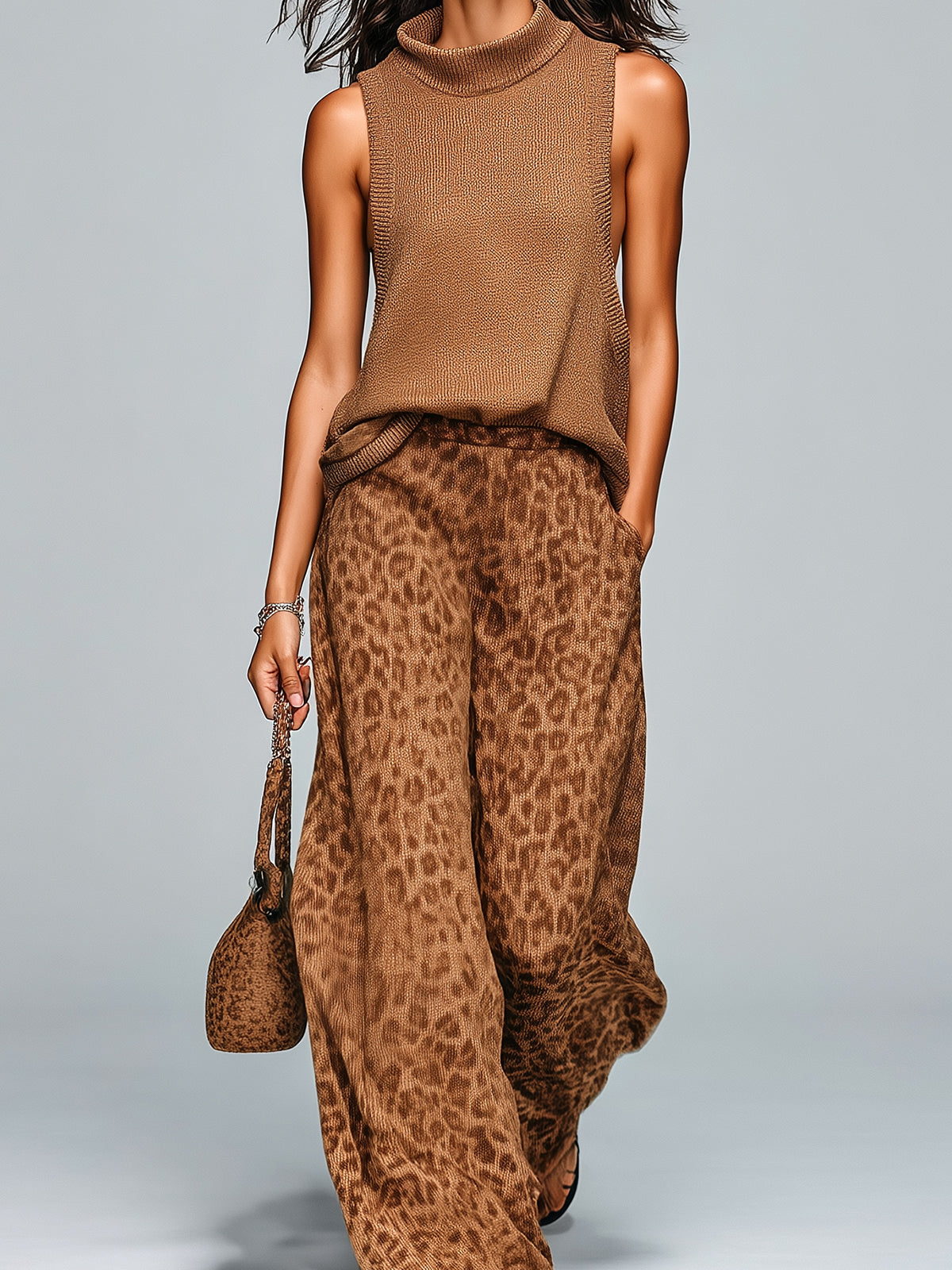 Chic Casual Brown Leopard Jacquard Mock Neck Sleeveless Loose-Fit Vest Wide-Leg Pants Knit Two-Piece Set