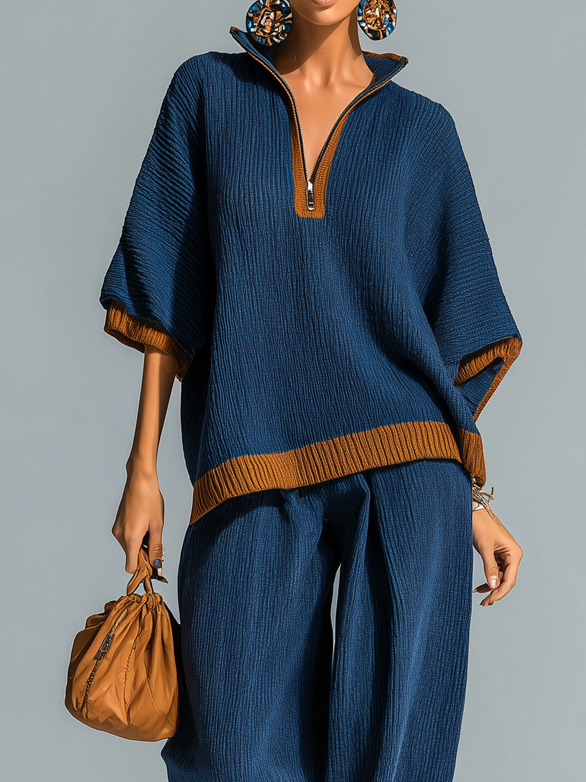 Fashion Casual Navy Blue Colorblock Stand-Collar Zipper-Front Short-Sleeve Loose Sweater Wide-Leg Pants Knit Two-Piece Set