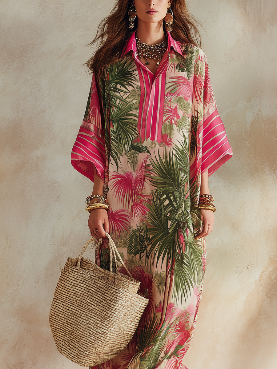 Robe longue à imprimé floral tropical rose et vert