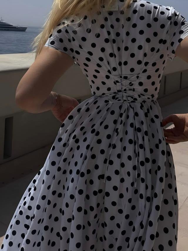 Robe longue en coton, manches courtes, col châle, à pois, vintage, blanche