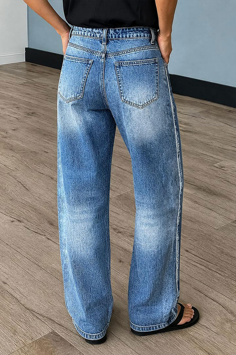 Wash Raw Seam Mid Waist Straight Leg Jeans