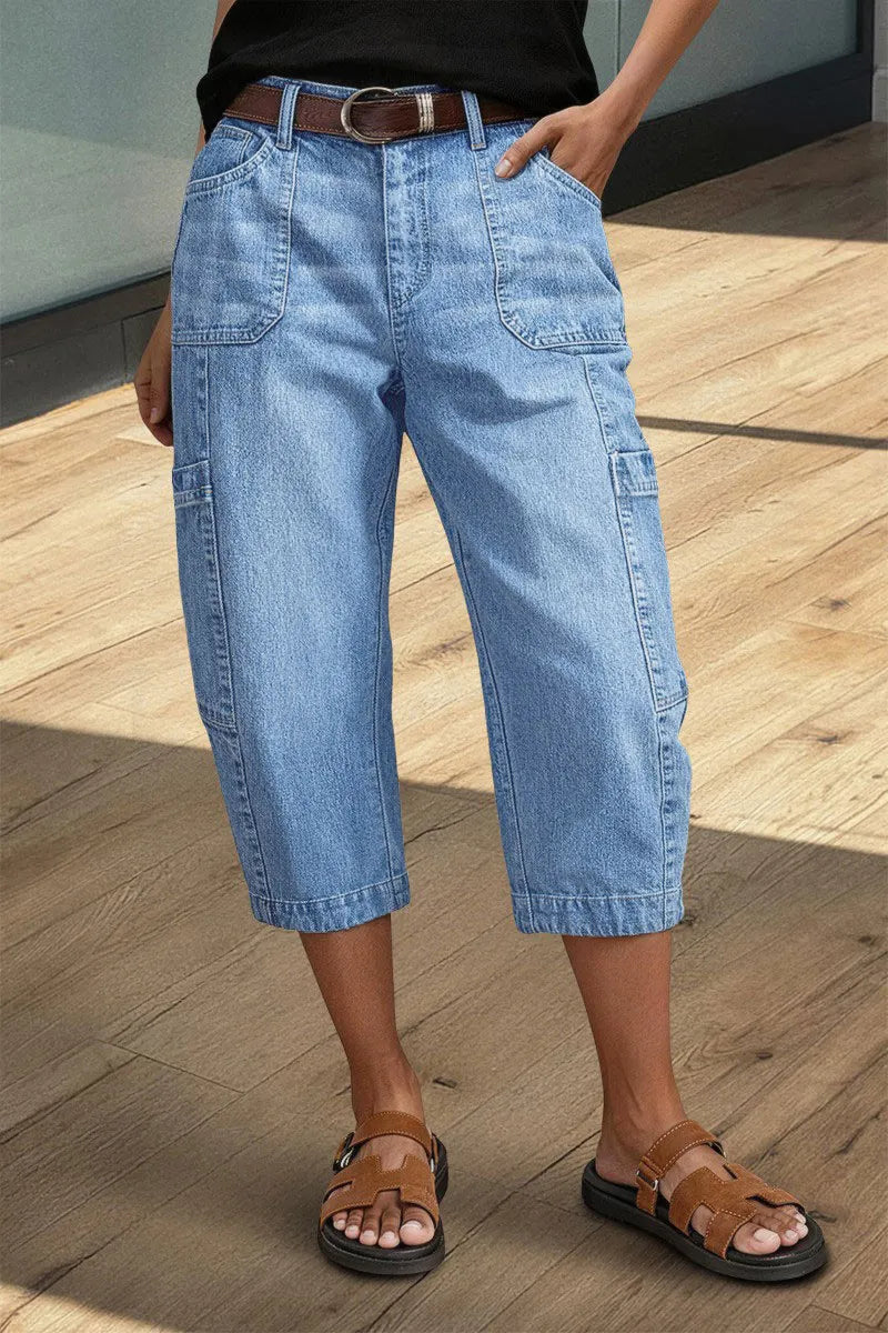 Wash Pocket Side Mid Waist Barrel Leg Capri Jeans Without Belt