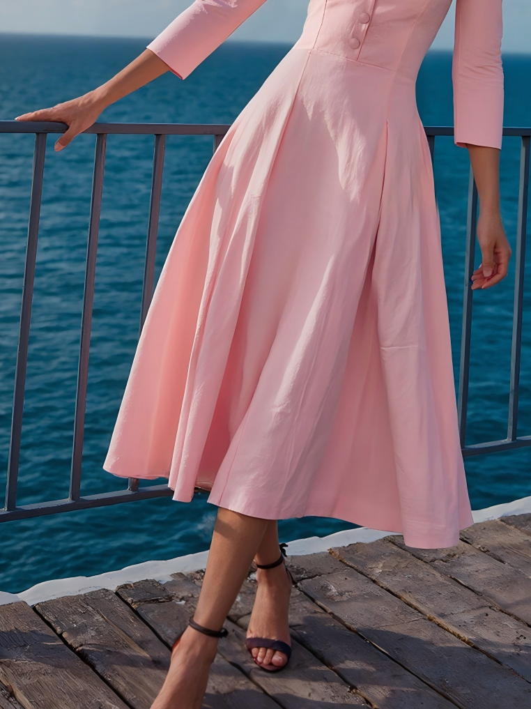 Robe midi en coton, manches courtes, col en V, unie, boutons décoratifs, style vintage français, rose