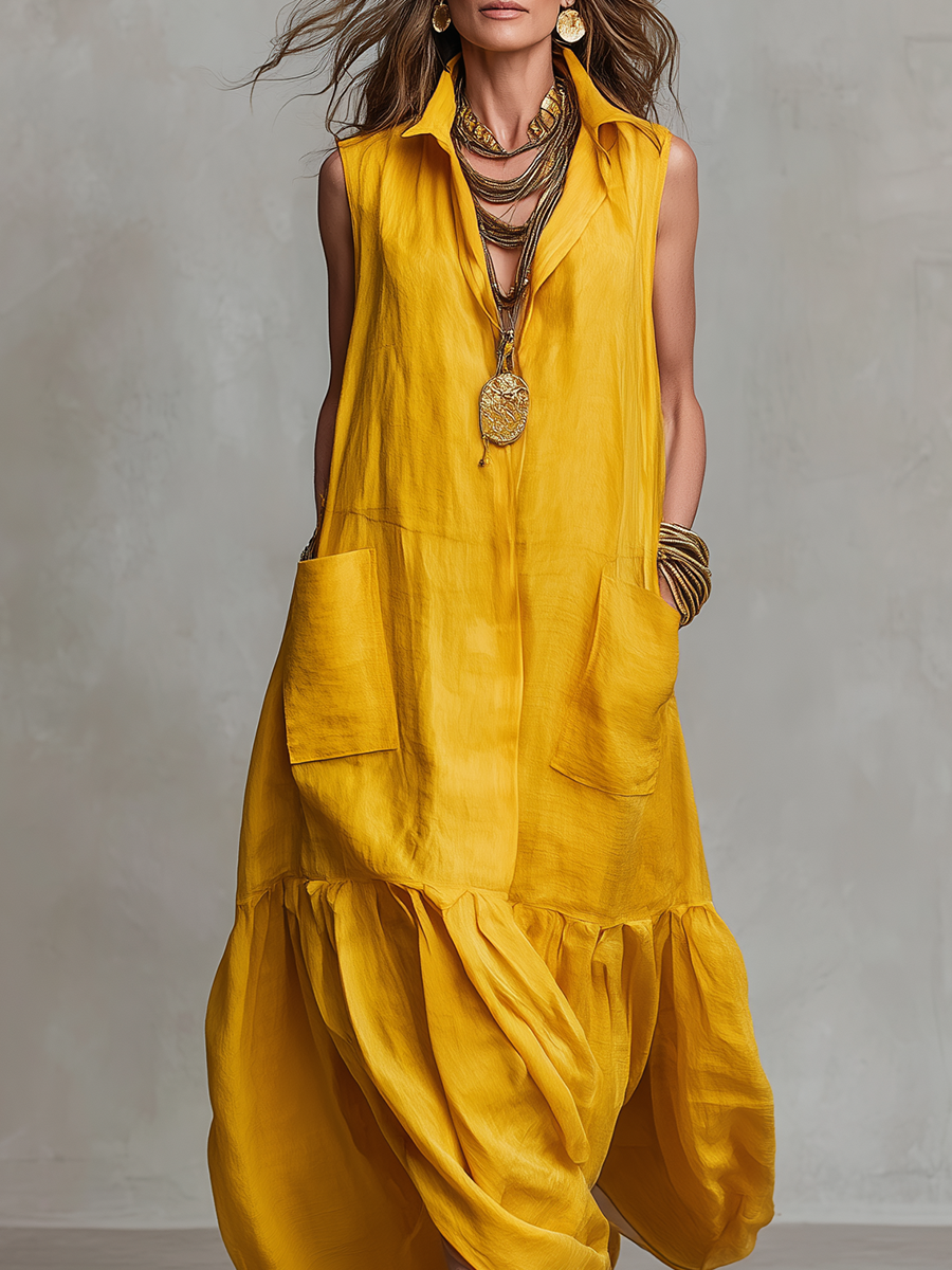 Robe longue bohème rétro moutarde avec poches