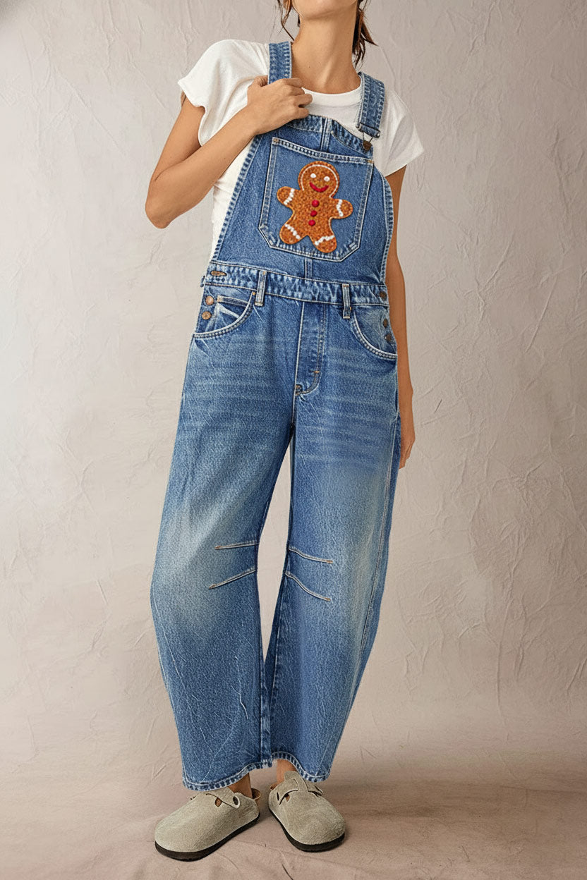 Stitch Detail Button Side Barrel Leg Denim Crop Overalls