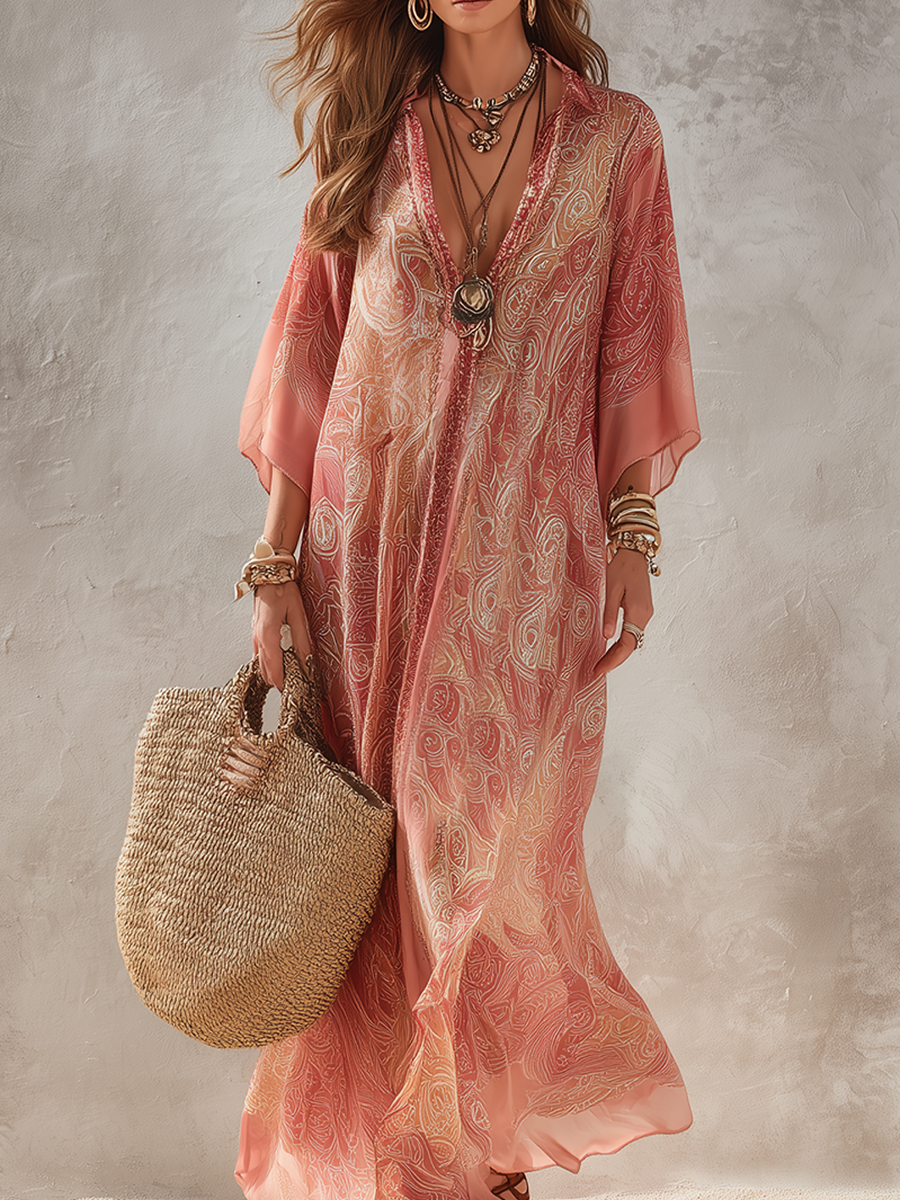 Robe longue fluide à imprimé corail décolleté en V