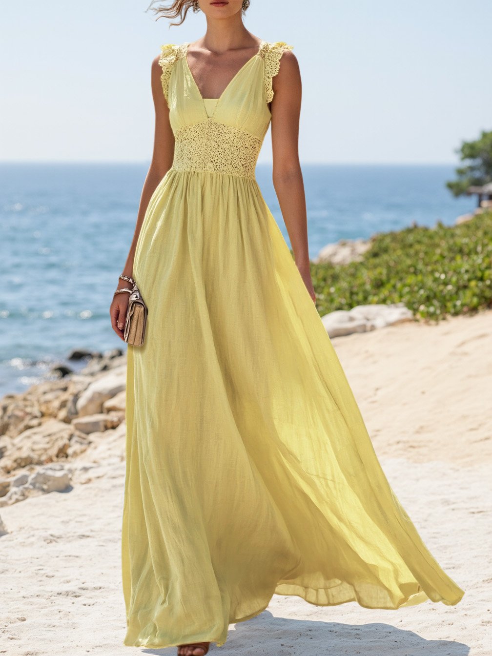 (TAILLE:XS-XXL)Robe longue en lin, sans manches, col en V, unie, vintage, cyan