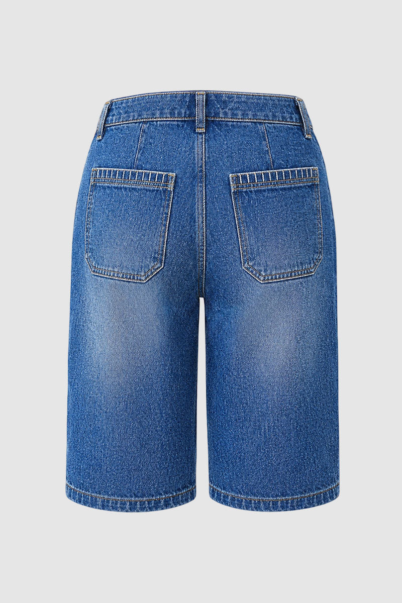 Wash Stitch Detail Patch Pocket High Rise Denim Bermuda Shorts