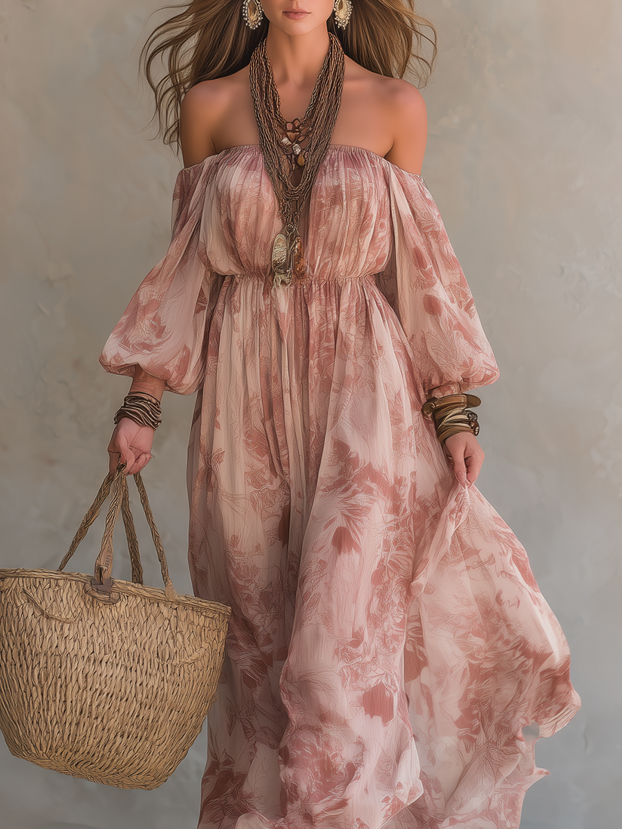 Robe longue bohème manches lanternes rose poudré
