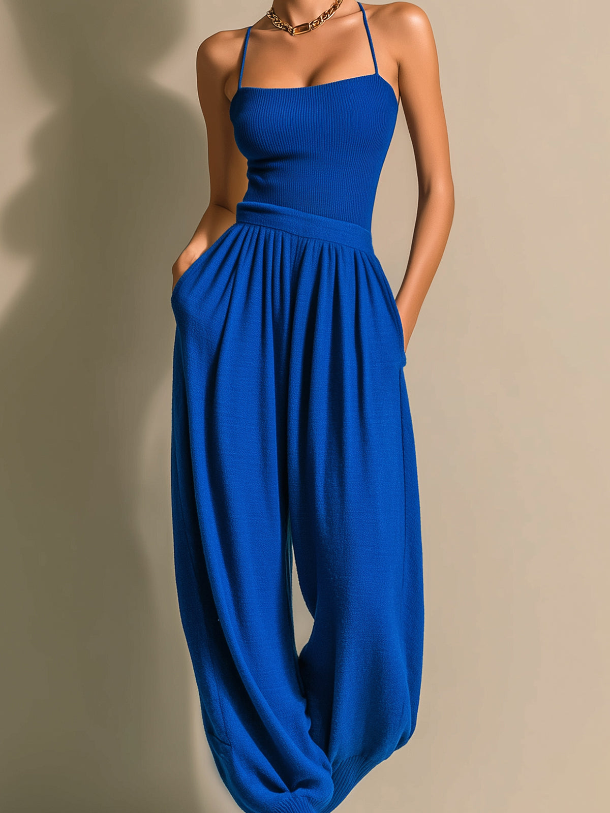 Chic Elegant Royal Blue Sleeveless Thin Straps Slim-Fit Camisole Loose Lantern Pants Knit Two-Piece Set