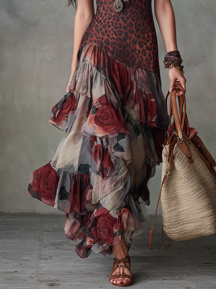 Robe longue bohème étagée Wild Romance Leopard & Rose