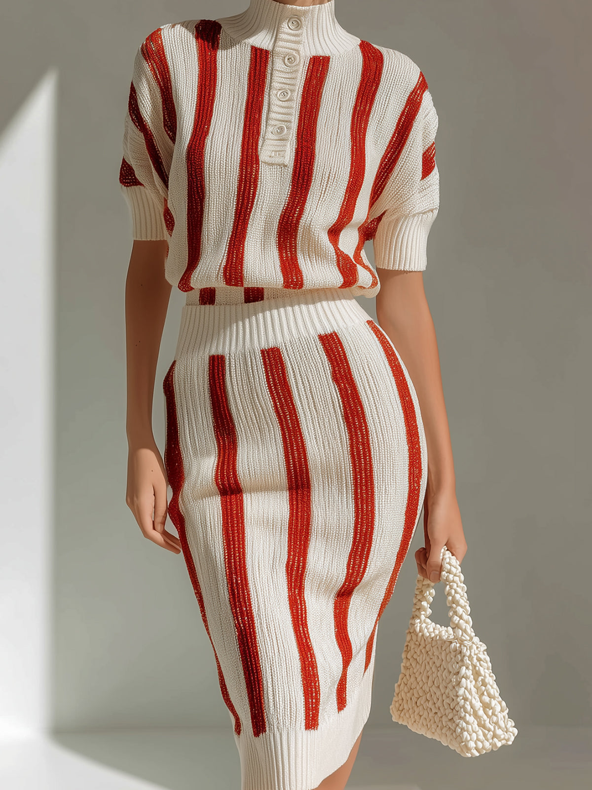 Chic Vintage Red-Beige Stripes Button-Up Mock Neck Short-Sleeve Loose-Fit Sweater Bodycon Midi Skirt Knit Two-Piece Set