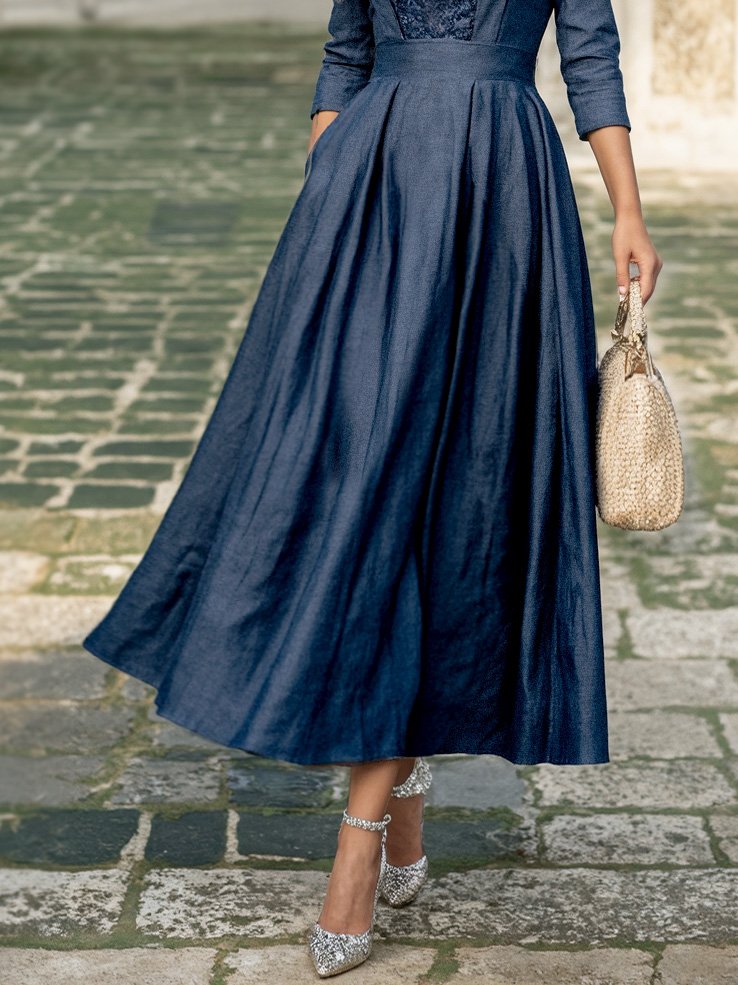 Robe longue en lin, Manches courtes, Encolure Cœur, Unie, Dentelle, Vintage, Bleu Jean
