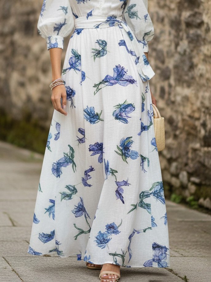 Robe longue en lin, Manches courtes, Col V, Fleurie, Dentelle, Vacances, Vintage, Bleue