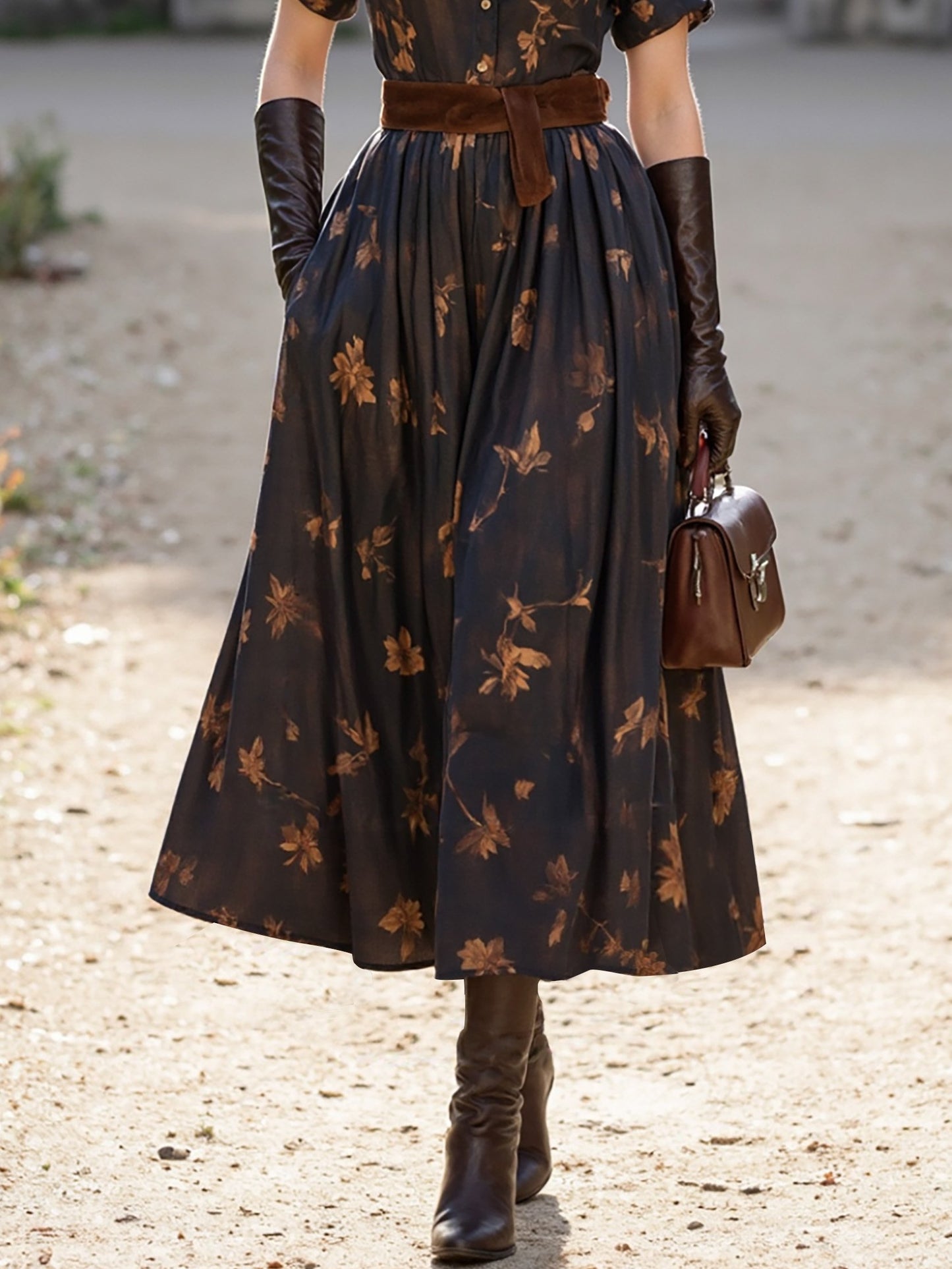 Robe midi en lin, manches courtes, col châle, florale, boutonnée, vintage, marron foncé