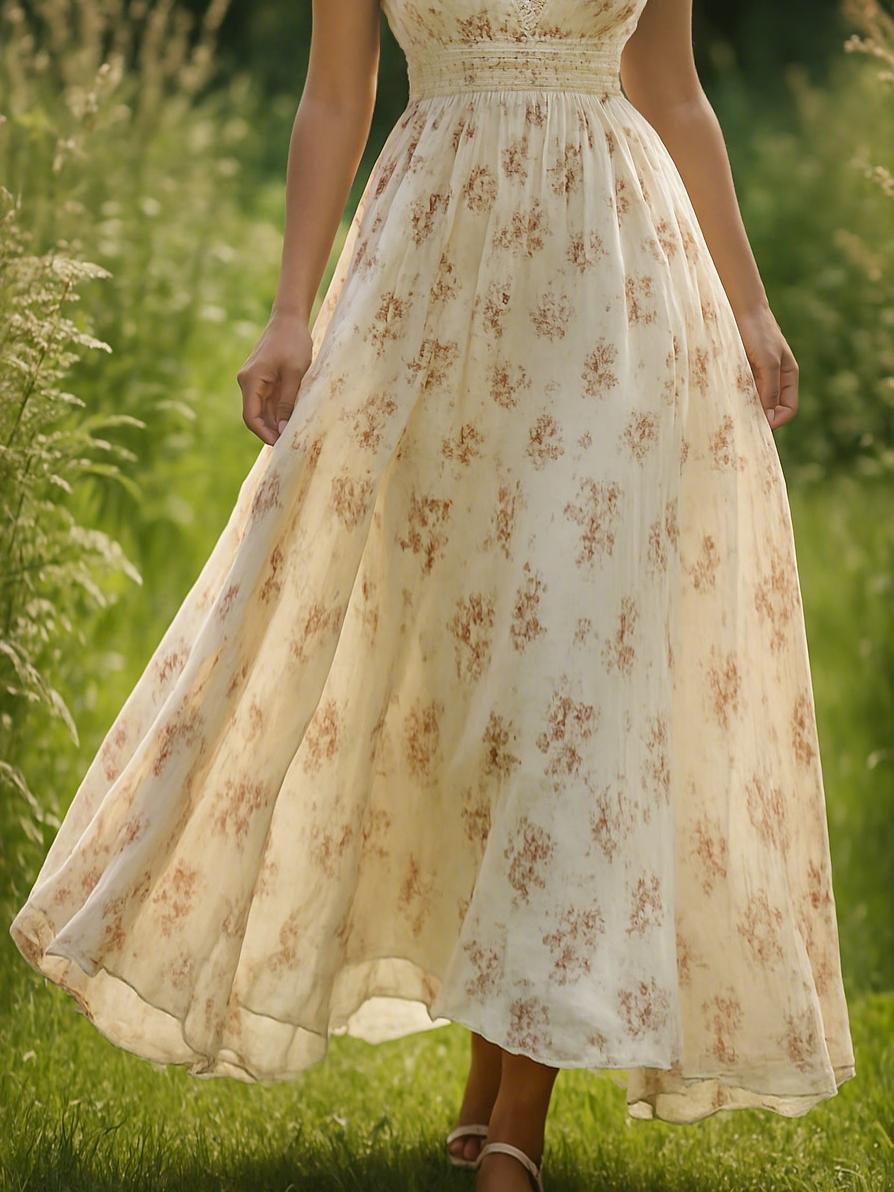 Robe longue en lin, manches courtes, col en V, florale, vintage, abricot