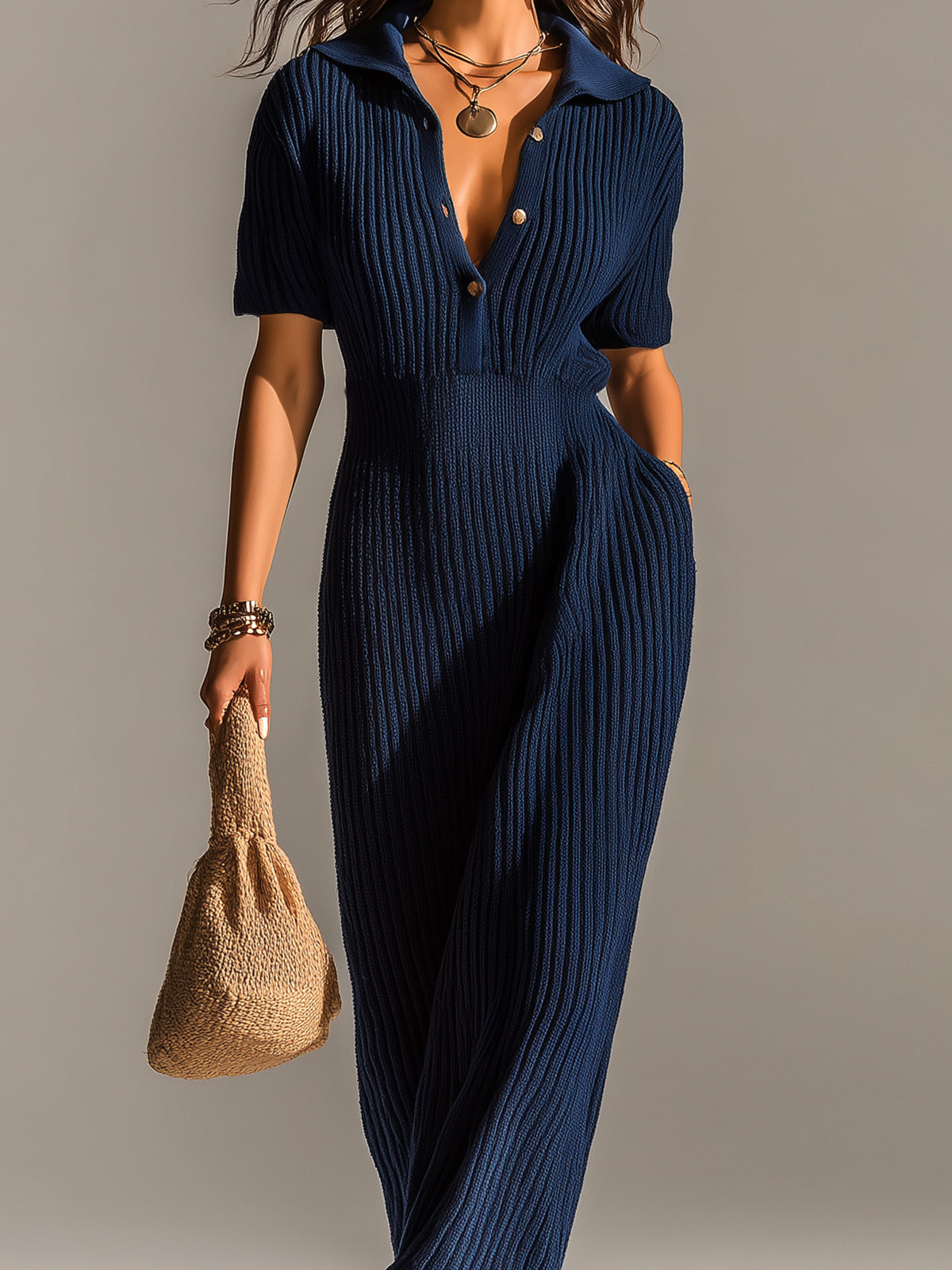 Chic Elegant Navy Blue Lapel Collar Button-Front Short-Sleeve Loose-Fit Ribbed Knit Maxi Dress