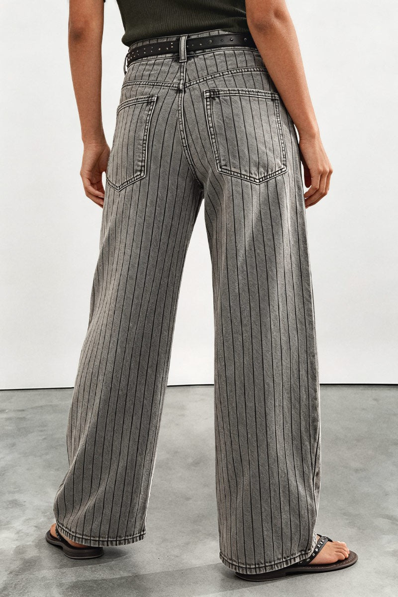 Striped Patch Pocket Mid Waist Wide Leg Pants Without Belt