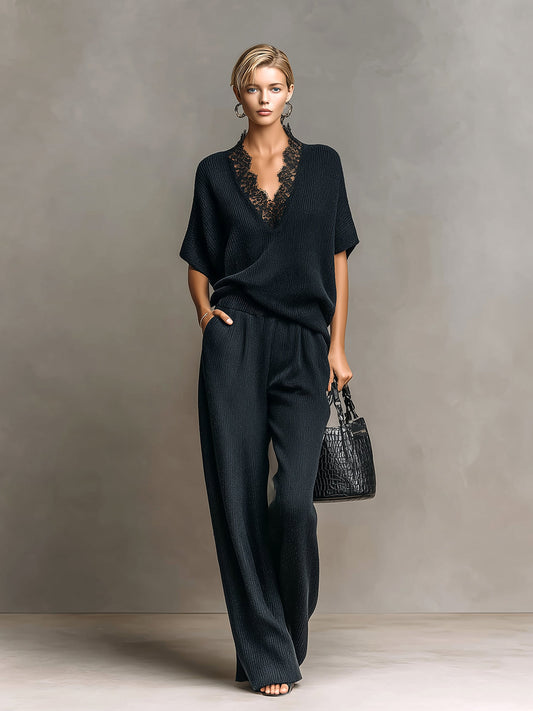 Chic Vintage Black V-Neck Lace Details Short-Sleeve Loose-Fit Top And Wide-Leg Pants Ribbed Knit Two-Piece Set