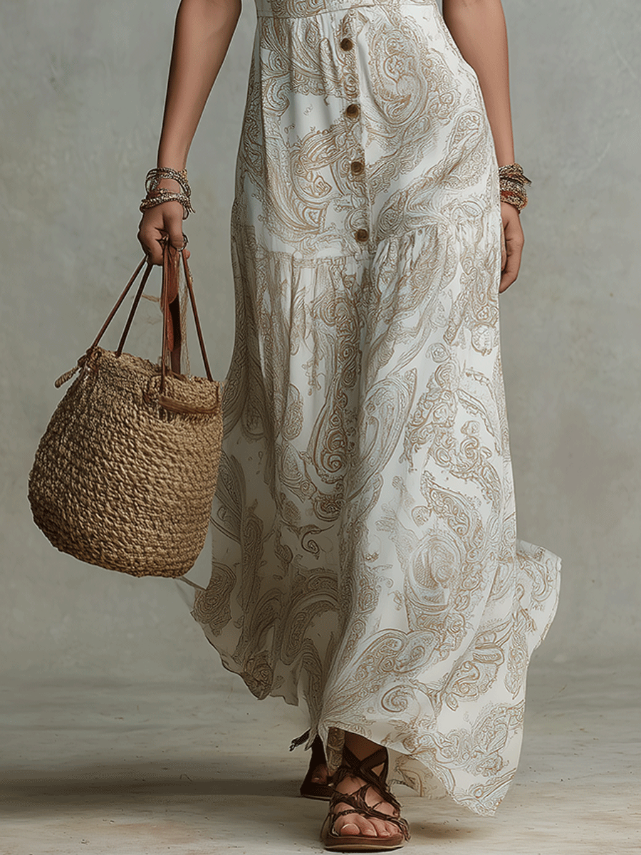 Élégante robe longue bohème boutonnée ivoire à motif cachemire