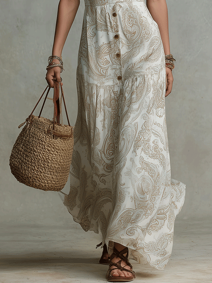 Élégante robe longue bohème boutonnée ivoire à motif cachemire