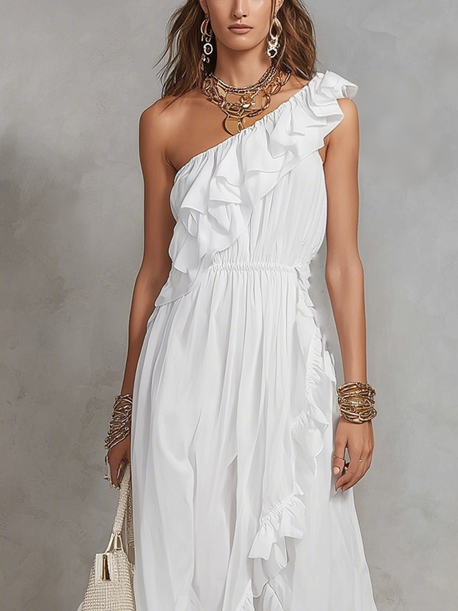 Robe longue bohémienne à volants et une épaule de couleur blanche