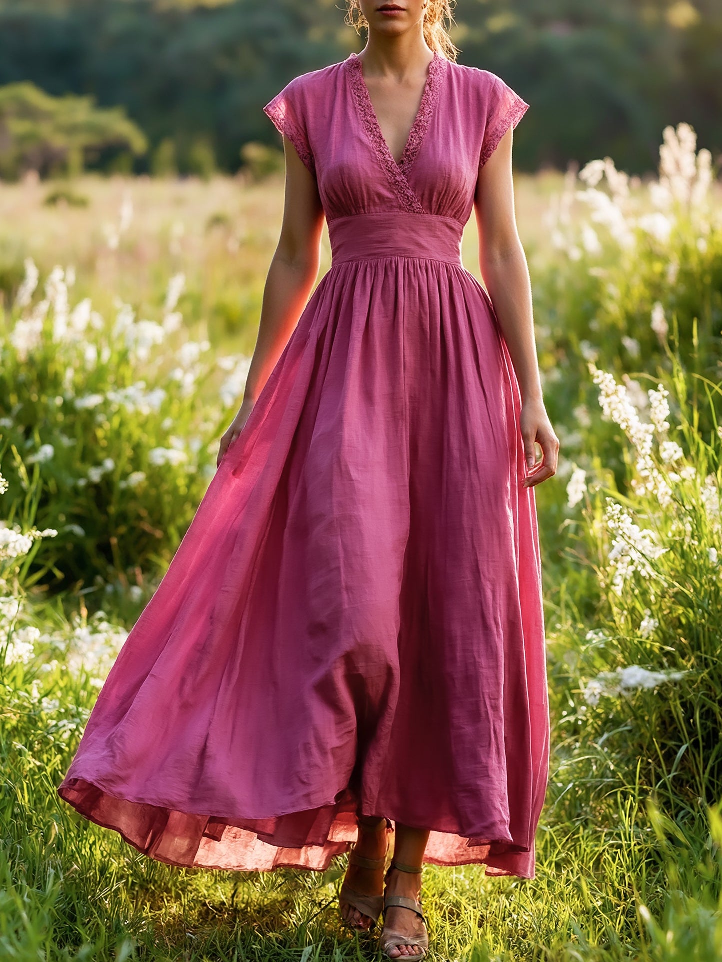 Robe longue en lin, manches courtes, col en V, unie, dentelle, vintage, rouge rosé