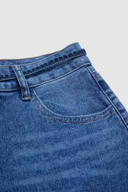 Wash Flap Pocket Roll Hem Belted High Rise Denim Bermuda Shorts