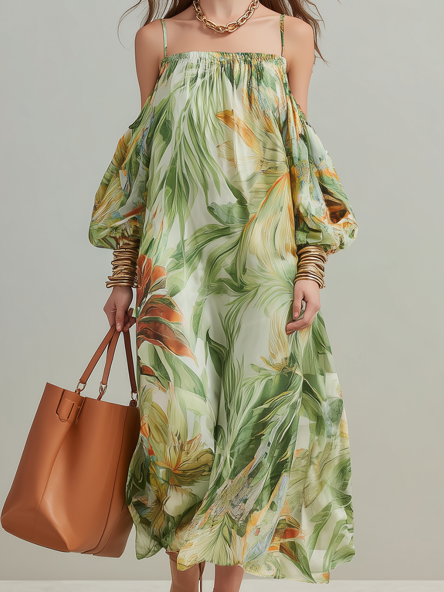 Robe longue à épaules dénudées imprimé végétal Statement